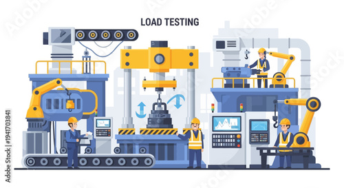 Load Testing Industrial Facility: Engineers & Robotics Ensure Product Strength, Quality Control, & Performance Endurance