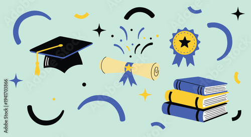 Graduation cap diploma books award celebrating academic success flat graphic illustration for education learning achievement concepts