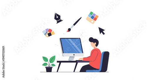 Man Working on Computer with Design Tools.
