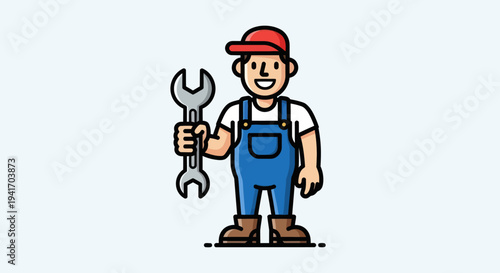 Cartoon Mechanic Holding Adjustable Wrench Tool.
