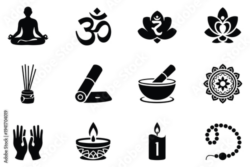 Black and white of meditation and yoga symbols