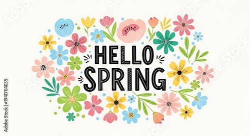 Colorful spring flowers and butterflies greeting card design for happy birthday or Easter celebration with grass and nature theme vector illustration