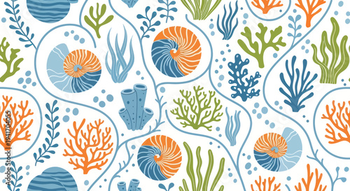 Colorful Oceanic Patterns with Coral and Seaweed.