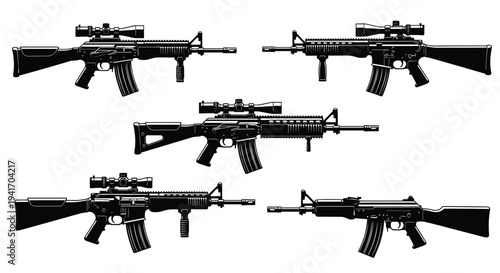 Collection of five black silhouettes of modern assault rifles and tactical firearms shown from the side in a detailed weapon set.