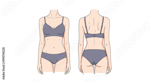 Detailed illustration of the female body from front and back views wearing grey lingerie for anatomical or fashion design reference.