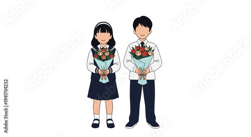 Two young students a boy and a girl in school uniforms each holding a beautiful bouquet of flowers for a special school celebration.