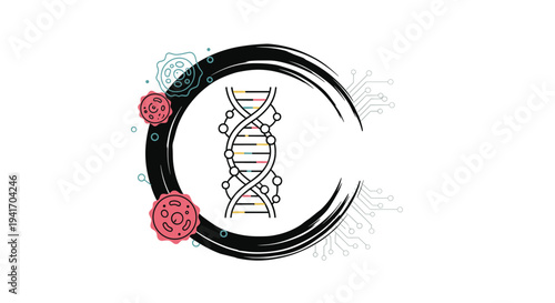 Abstract representation of genetic engineering featuring a dna helix inside a black circular stroke with biological cells.