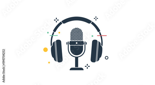 Professional radio broadcasting and podcasting setup with a microphone inside headphones surrounded by decorative graphic dots.