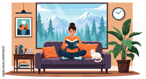 Relaxing scene of a woman sitting on a sofa reading a book with her cat while looking out at a snowy mountain landscape.