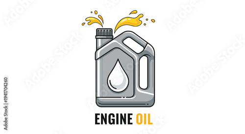 Engine oil container illustration with golden lubricant splashing out of the spout above the bold text labeling the product.