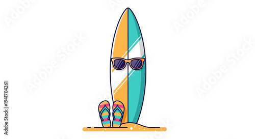 Vibrant surfboard with sunglasses and flip flops on sandy beach