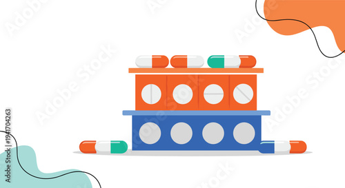 Medical illustration showing different types of pharmaceutical pills, capsules, and containers in orange, blue, and white colors.