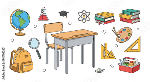 Comprehensive collection of school and education icons featuring a globe, desk, books, graduation cap, and scientific tools.