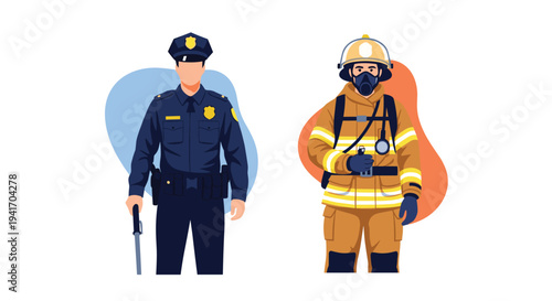 Representative characters of a male police officer and a firefighter standing side-by-side in their professional service uniforms.