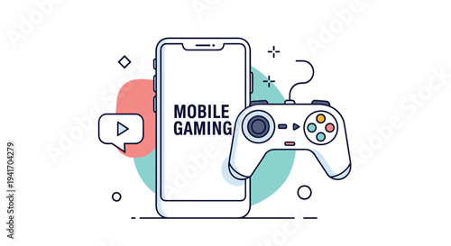 Mobile gaming concept illustration featuring a smartphone with bold text next to a modern gaming controller and digital icons.