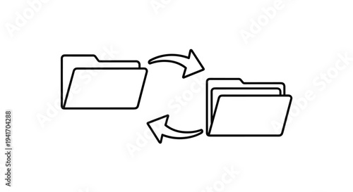 Minimalist line art depicting two folders with arrows indicating a continuous file transfer or data synchronization process.
