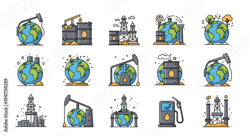 Extensive collection of oil industry icons featuring petroleum rigs, storage barrels, global production, and gas station equipment.