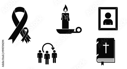 Collection of funeral and mourning icons including a black ribbon, candle, memorial photo, and holy bible in silhouette style.