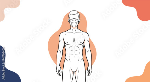 Stylized illustration of a man's torso wearing a protective medical face mask against a colorful abstract background.
