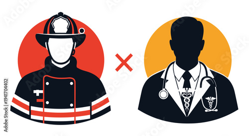 Silhouettes of a firefighter and a medical doctor separated by a red cross mark suggesting a trade-off or comparison.