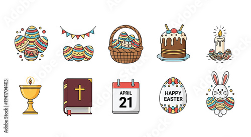 Colorful set of easter holiday icons including decorated eggs, basket, cake, candle, bible, and a cute bunny character.