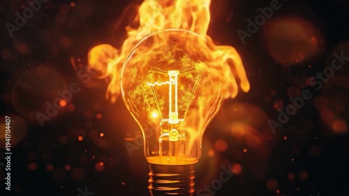 A burning light bulb with intense flames, ideal for fire-themed designs or concepts