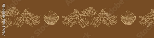 Vintage cocoa bean border with cacao fruit, leaves and branches. Hand drawn tropical botanical divider in retro sketch style. Organic chocolate plantation illustration for packaging, chocolate wrapper