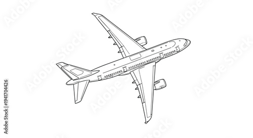 Detailed line drawing of a large commercial passenger jet airplane flying through clear white space at a dynamic upward angle.
