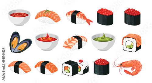 Variety of delicious sushi pieces including nigiri maki rolls and shrimp with soy sauce and wasabi against a white background.