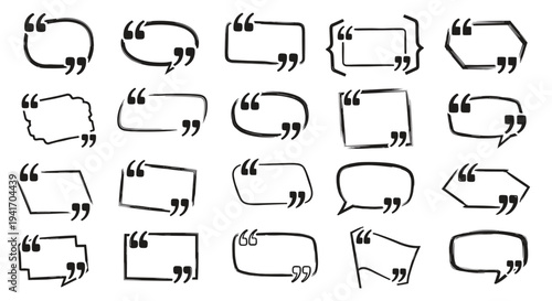 Collection of many different hand drawn speech bubbles and quotation frames with black ink brush strokes on a white background.