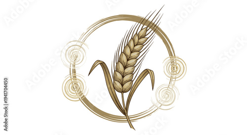 Stylized illustration of a golden ear of wheat centered in a rustic circular frame with spiral motifs on a white background.