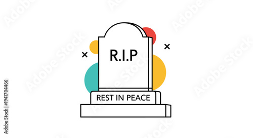 Simple tombstone illustration with the letters R.I.P and rest in peace text against colorful abstract circular shapes.