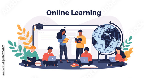 Concept of online learning and global education showing diverse students using laptops and books with a large globe.