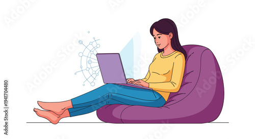 Young woman sitting comfortably in a purple bean bag chair using a laptop computer for productive work or casual study.