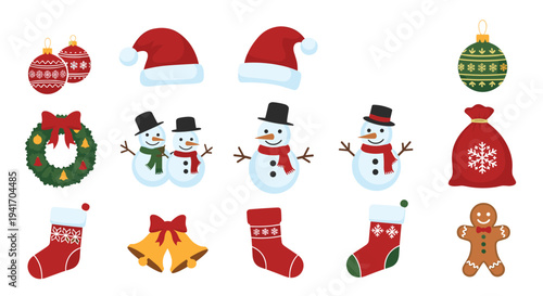 Assorted collection of colorful Christmas icons including santa hats snowmen stockings and bells against a white background.