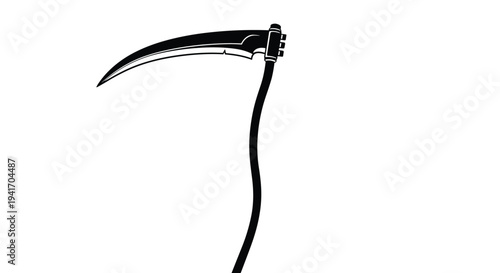 Black silhouette of a grim reaper scythe with a sharp curved blade and long handle against a plain white background.
