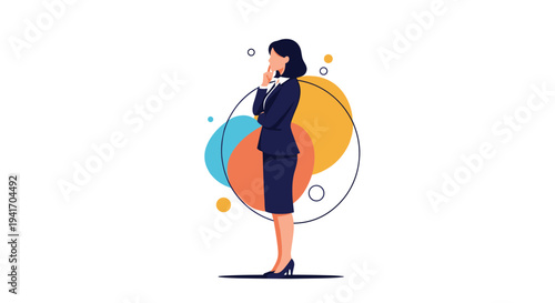 Professional woman in a dark blue business suit standing in a pensive thinking pose with colorful abstract shapes.