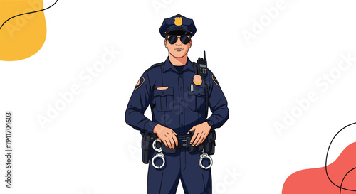 Professional portrait of a police officer in full uniform wearing sunglasses and standing confidently against a decorative background.