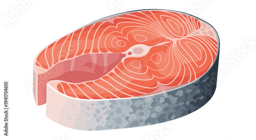 Detailed illustration of a fresh raw salmon steak showing the marbled orange flesh and silver skin on a simple white background.