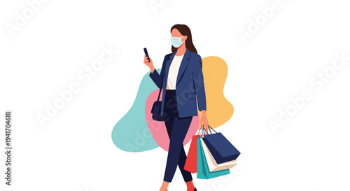 Young professional woman wearing a face mask and carrying multiple shopping bags while checking her smartphone on a colorful background.