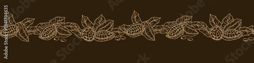 Seamless cocoa beans border pattern with cacao fruit and leafy branches. Vintage botanical divider in hand drawn ink style. Tropical organic chocolate illustration for dessert packaging, chocolate bar