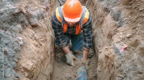 Wallpaper Mural A construction worker wearing an orange hard hat and safety vest carefully excavates a trench in the ground. Torontodigital.ca