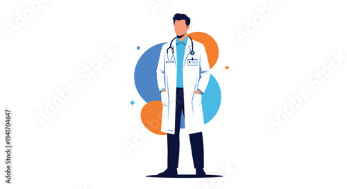 Male doctor in a white lab coat with a stethoscope around his neck standing in front of colorful abstract shapes and stars.