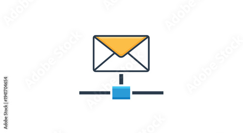 Simple email icon depicting an envelope connected to a blue network hub representing digital communication and internet messaging.