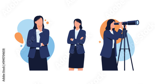 Collage of businesswomen in professional suits showing different actions like thinking, standing with arms crossed, and using a telescope.