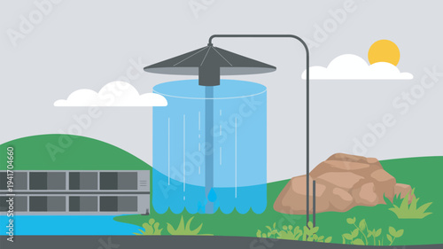 An illustration of a water collection system with a building and natural landscape in the background under a sunny sky.