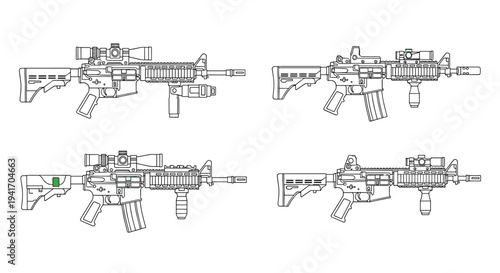 Technical drawings of four different assault rifles with various attachments and optical scopes shown from a side profile view.