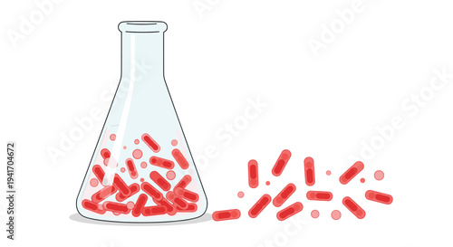 Scientific glass flask filled with red medicinal capsules alongside a pile of spilled pills to represent pharmaceutical research.
