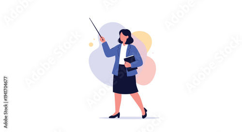 Female teacher or professional presenter holding a pointer and a notebook while standing against a soft colorful background.