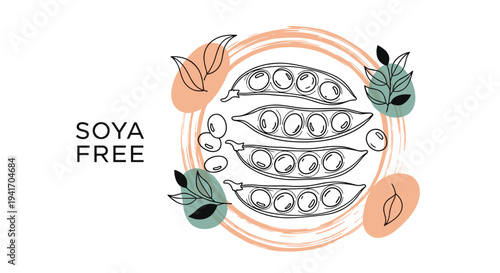 Soya free dietary label illustration featuring hand-drawn pea pods and colorful abstract circles to indicate allergen-friendly food.